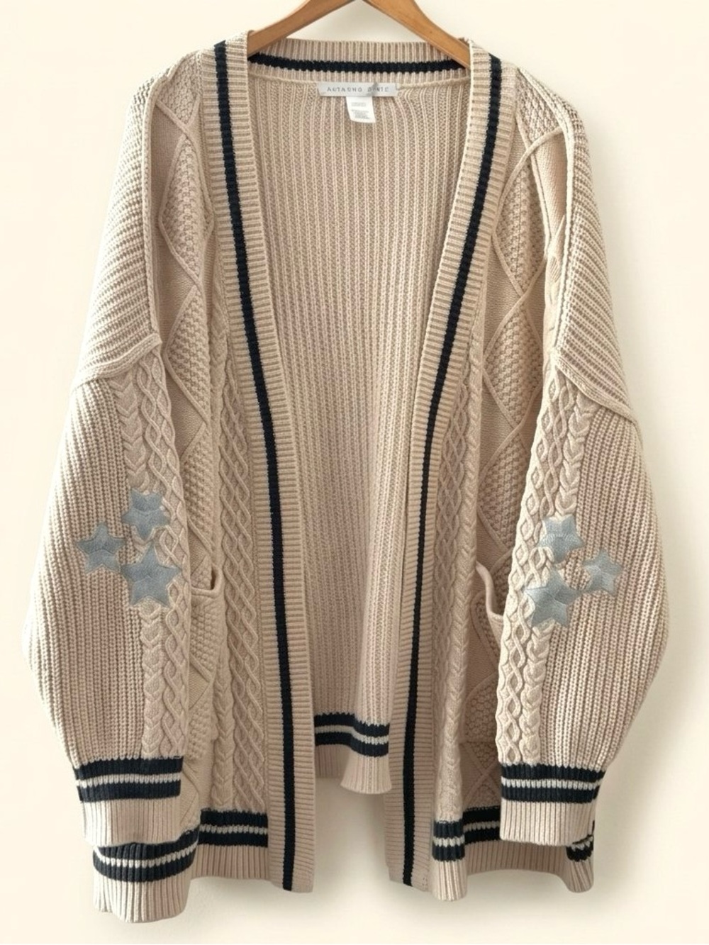 Altar'd State Star Embroidered Cable Knit Cardigan Beige Oversized Womens XL
